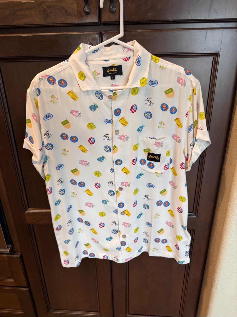 Stan Ray Men’s Small Retro Travel Print Short Sleeve Button-Up Shirt
